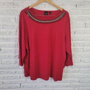 Rafaella Studio Women's 3X Red Beaded Rhinestone Mesh Neck 3/4 Sleeve Top RED16E